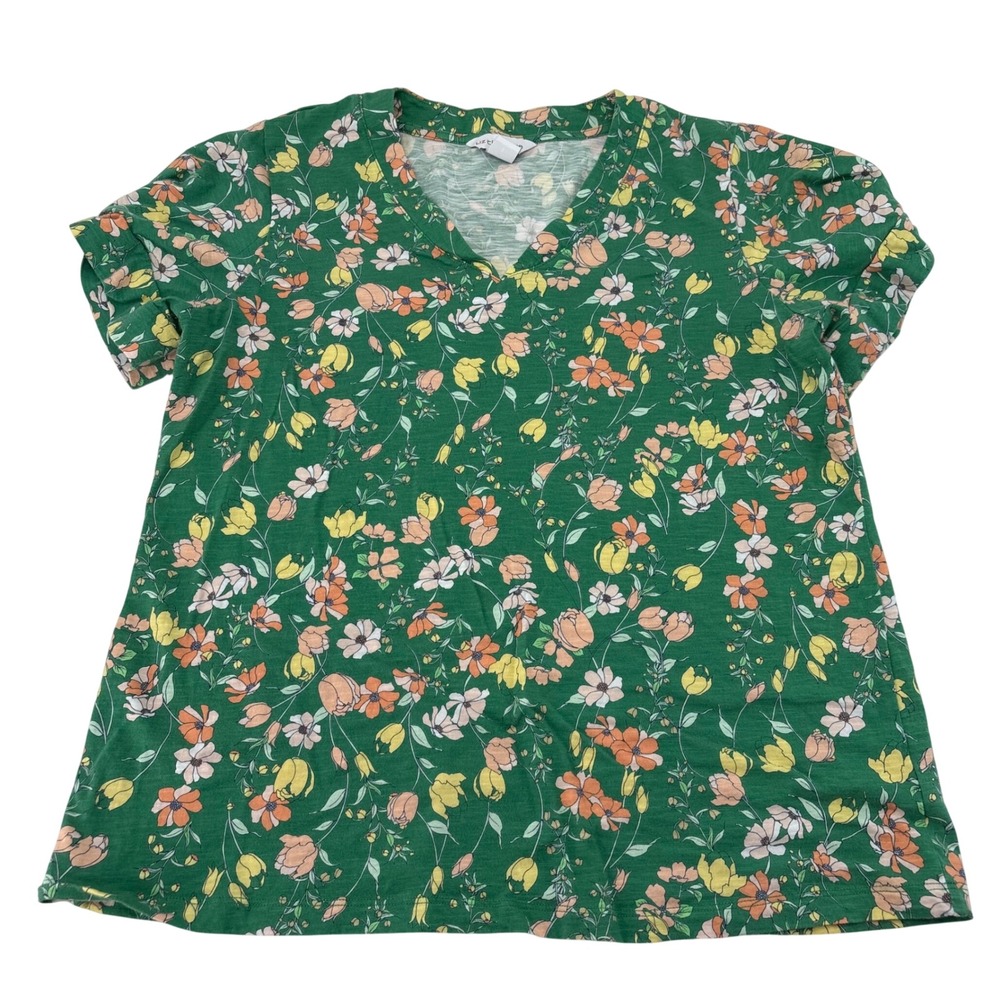 Liz Claiborne Womens Large Green Floral V-Neck Short Sleeve Cotton T-Shirt Top